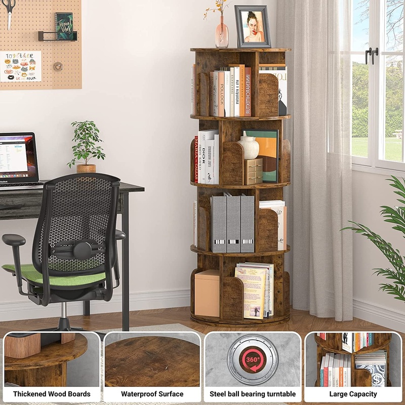 360 Rotating Small Corner Bookshelf for Small Spaces Rustic Brown