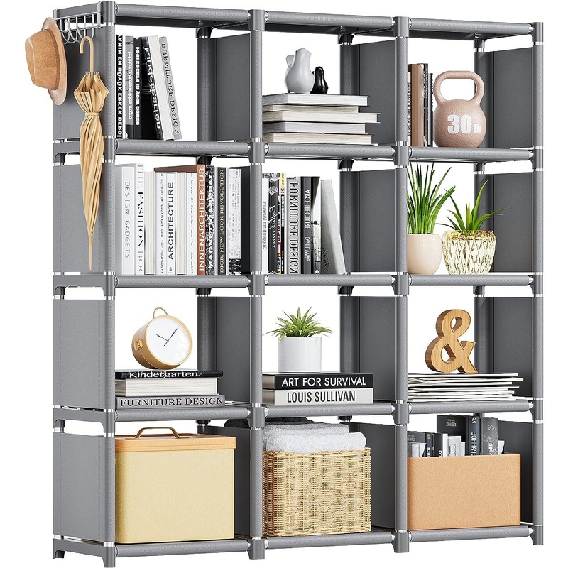 Book Shelf, 12 Cube Storage Organizer, DIY Bookcase, Metal Cube Bookshelf,Tall Book Case for Bedroom, Living Room,Office,Closet Storage Organizer, Grey Cubicle Storage Rack Grey 12-Grid