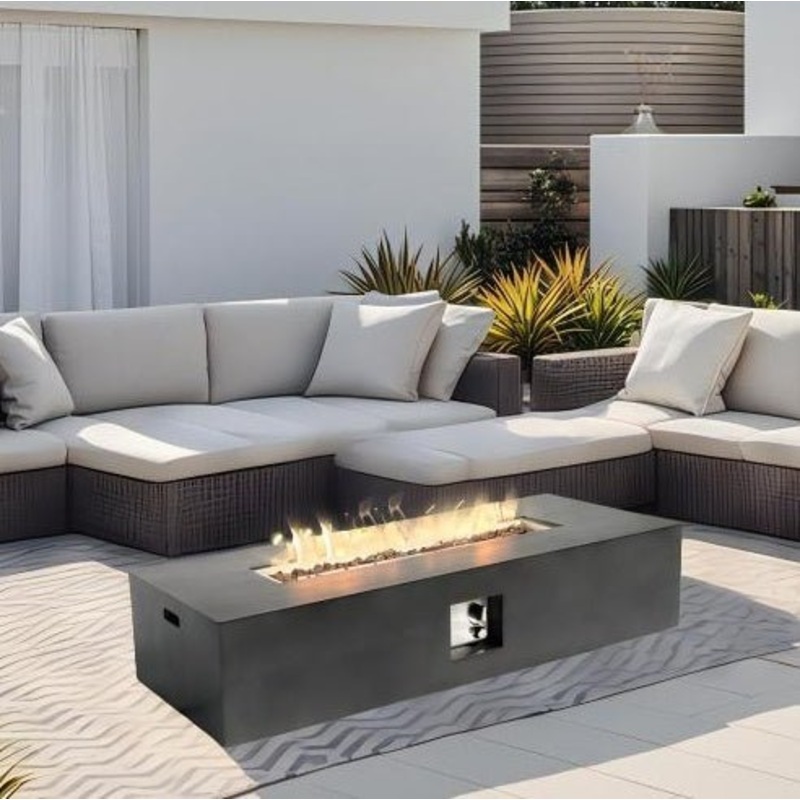 56 Outdoor Propane Fire Pit Table, 50,000 BTU, Rectangular Stone Gas Fireplace with Lava Rocks & Rain Cover Dark Gray