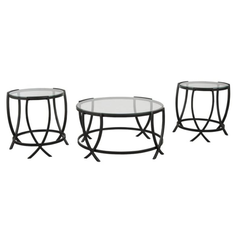 Contemporary Round Table Set With Glass Top And Geometric Metal Body In Black – BM213280